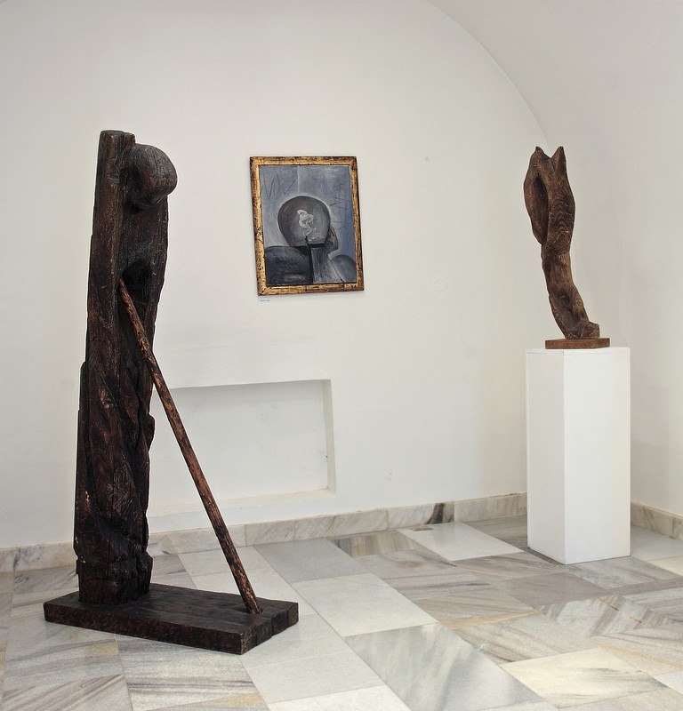 Charón, 1965, smrk a javor, výška 198 cm, Myslitel, 1966, olej, sololit, 64 x 50 cm, Plamen, 1969, dub, výška 103 cm